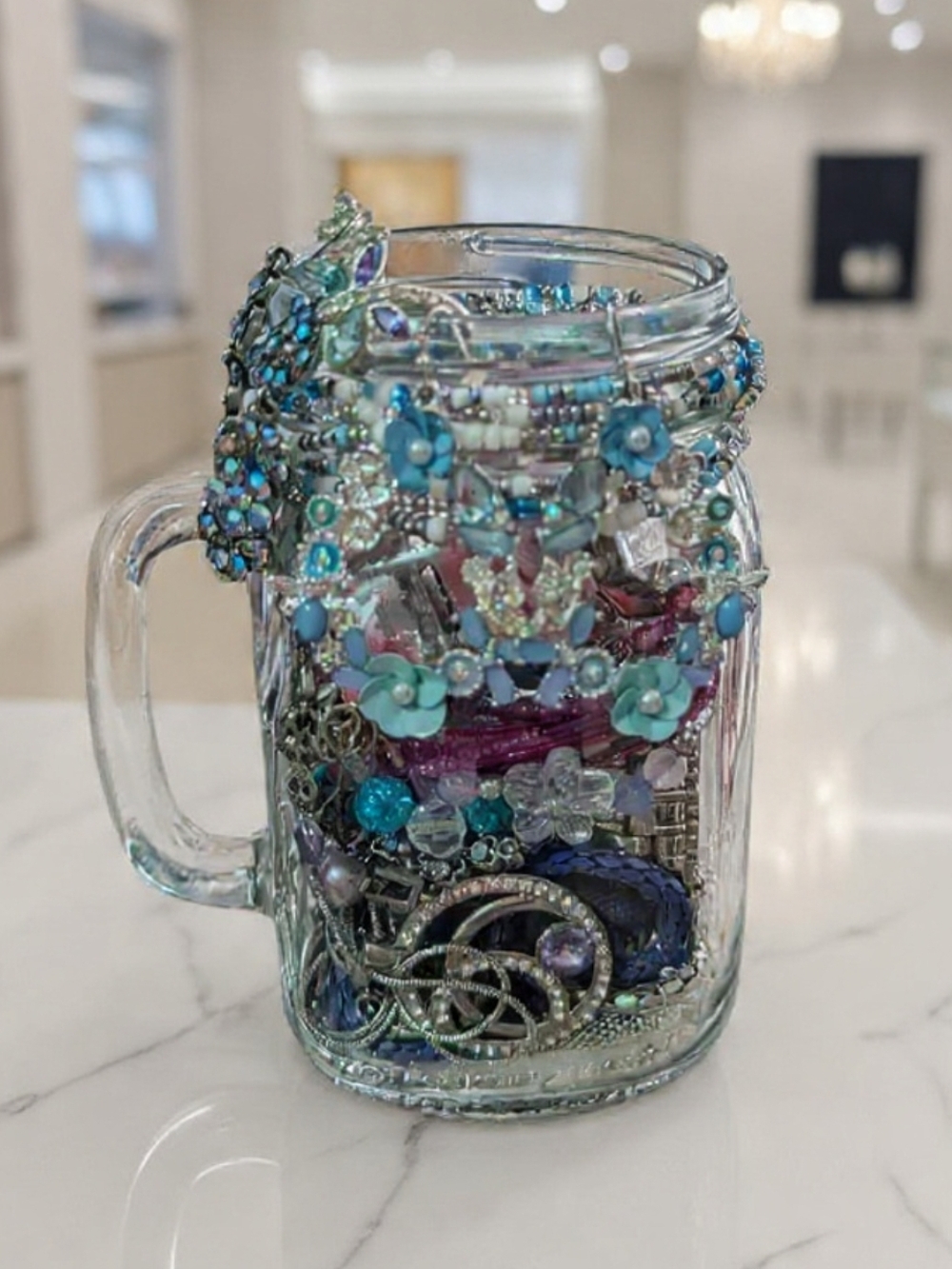 Jewelry vase in blue, purple, and pearly silver Mason jar